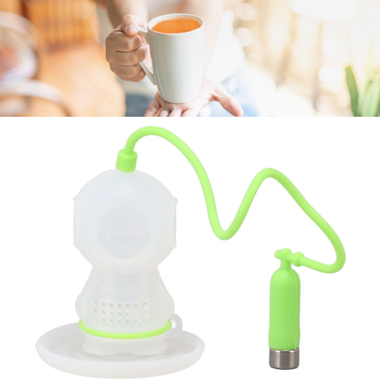 Silicone Tea Infuser Cute Diver Shape Loose Tea Leaf Filter Tea Diffuser Strainer with Chain and Drip Tray for Home Green