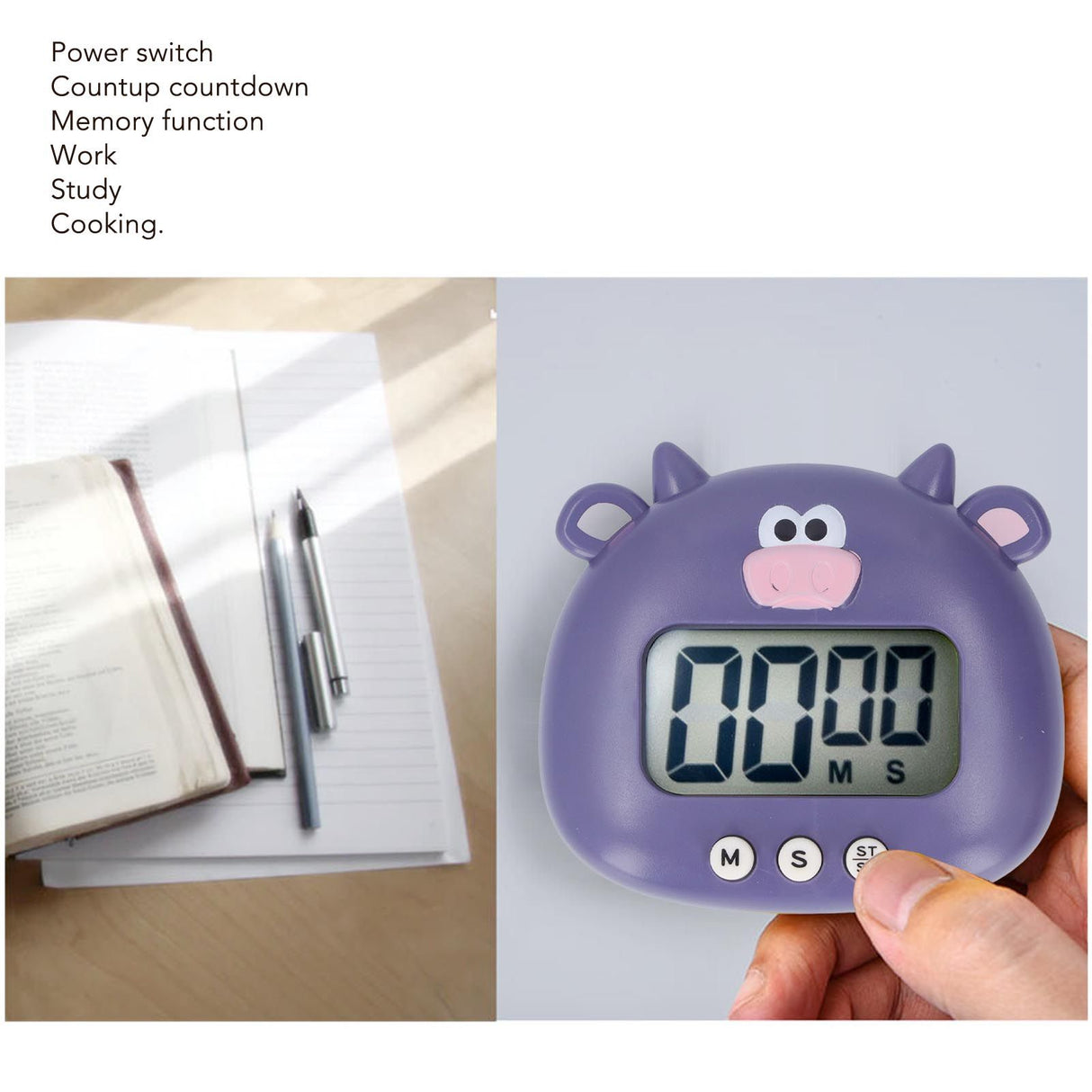 Digital Kitchen Timer Countup Countdown Cartoon Animal Sound Flash Alert Easy Operation with Stand for Cooking Teaching Purple Cow