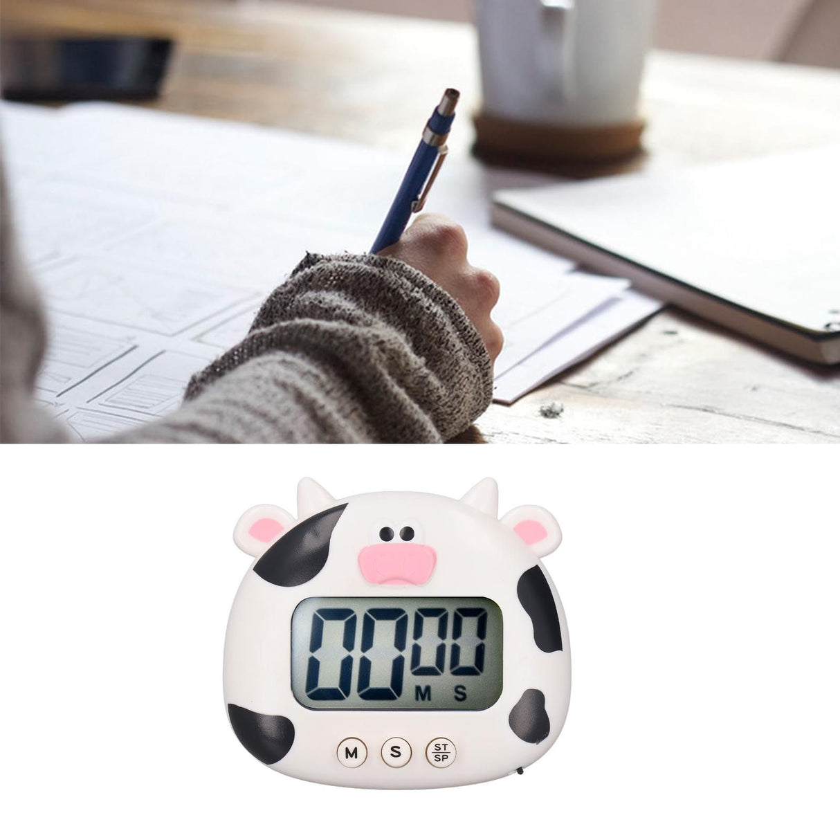 Digital Kitchen Timer Countup Countdown Cartoon Animal Sound Flash Alert Easy Operation with Stand for Cooking Teaching White Cow