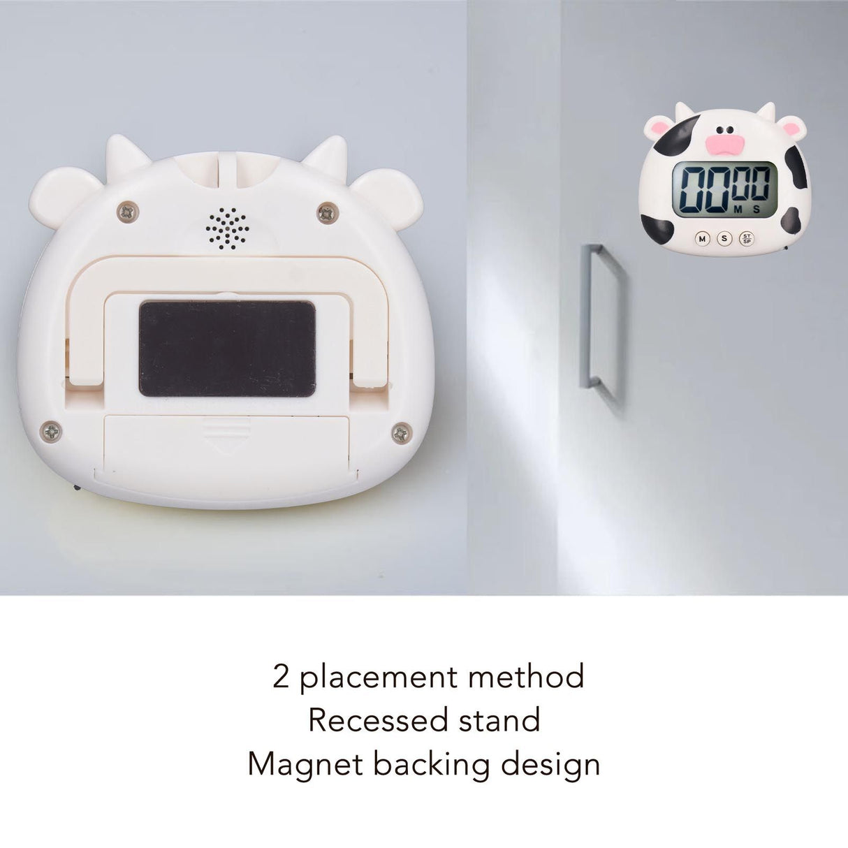 Digital Kitchen Timer Countup Countdown Cartoon Animal Sound Flash Alert Easy Operation with Stand for Cooking Teaching White Cow