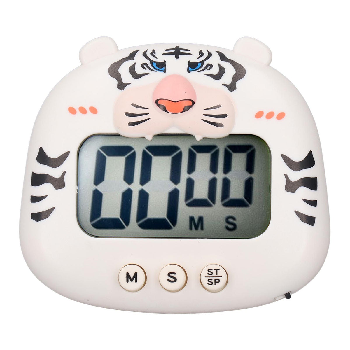 Digital Kitchen Timer Countup Countdown Cartoon Animal Sound Flash Alert Easy Operation with Stand for Cooking Teaching White Tiger