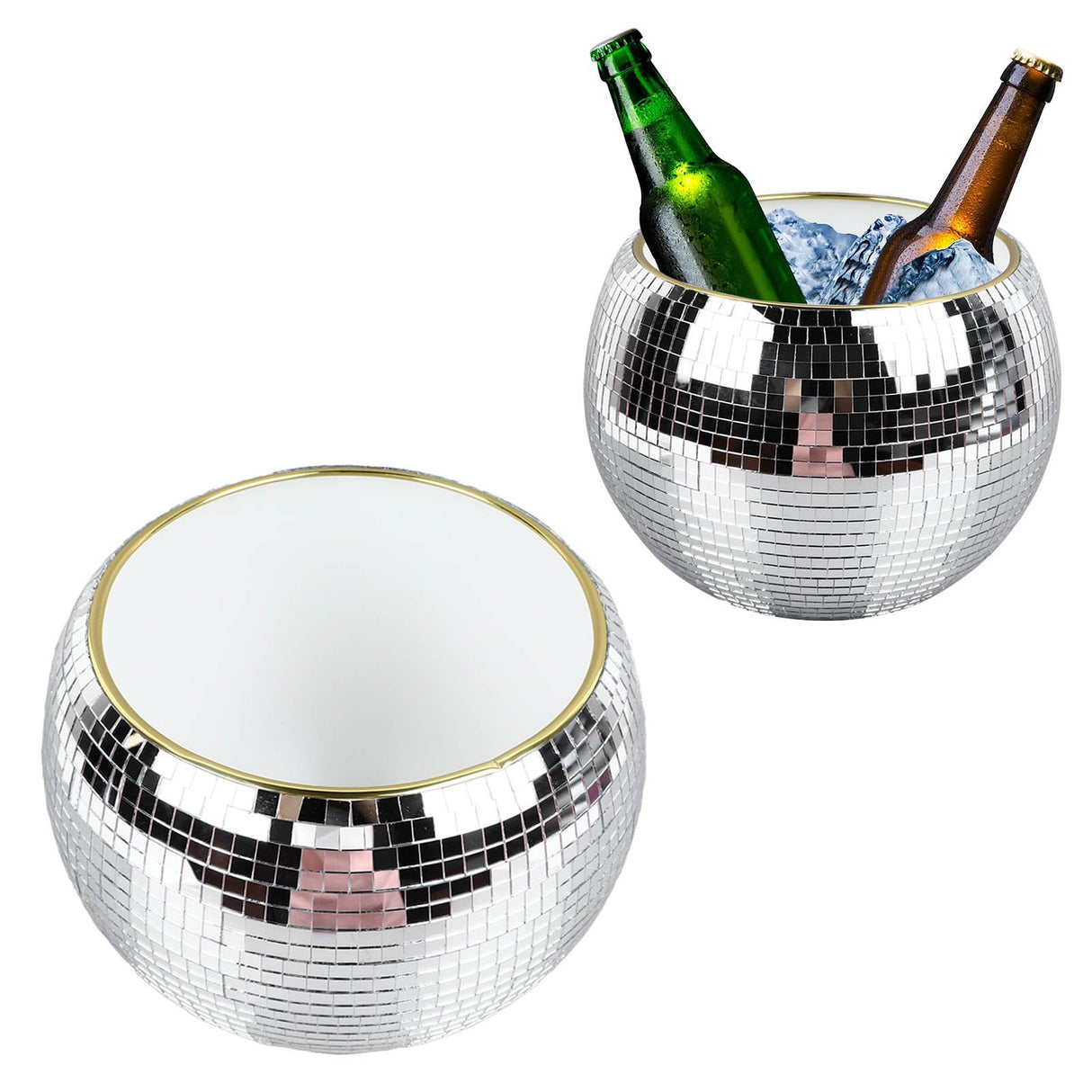 Ball Ice Bucket Plastic Beverage Tub Mirror Party Decor Bucket for Wine Cold Drinks Milky White Gold Edges