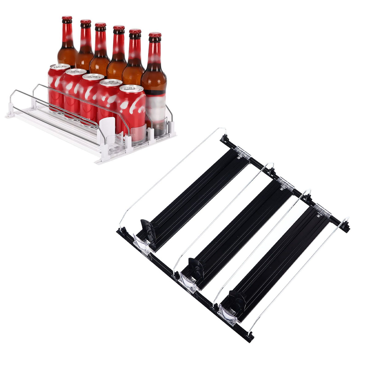 38cm Drink Organizer for Fridge Automatic Pusher Glide 12oz 16oz 20oz Soda Dispenser for Fridge Width Adjustable E Shaped 38cm Black