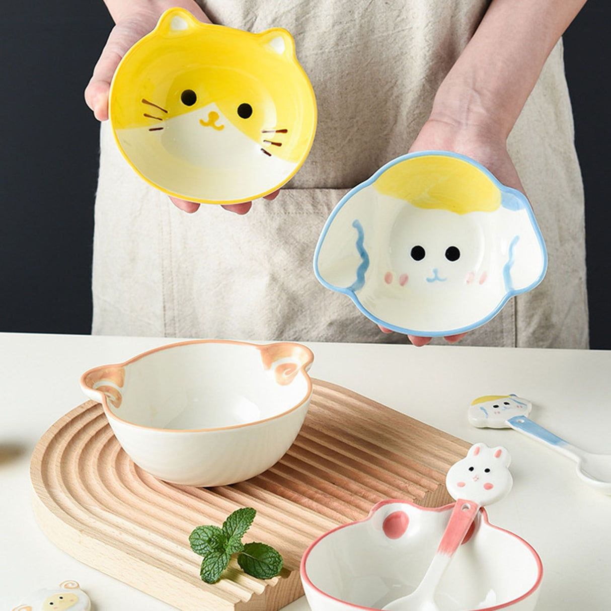 Kids Bowl Ceramic Cute Cartoon Animal Shape Rice Bowls Reusable Dinner Tableware for Serving Soup Cereal Pasta Ice Cream Cat