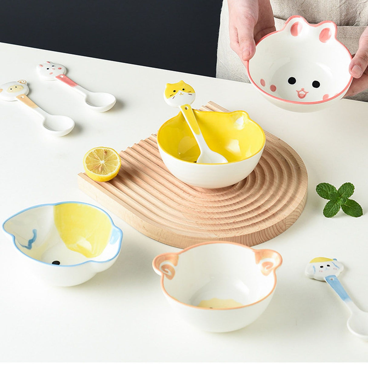 Kids Bowl Ceramic Cute Cartoon Animal Shape Rice Bowls Reusable Dinner Tableware for Serving Soup Cereal Pasta Ice Cream Cat