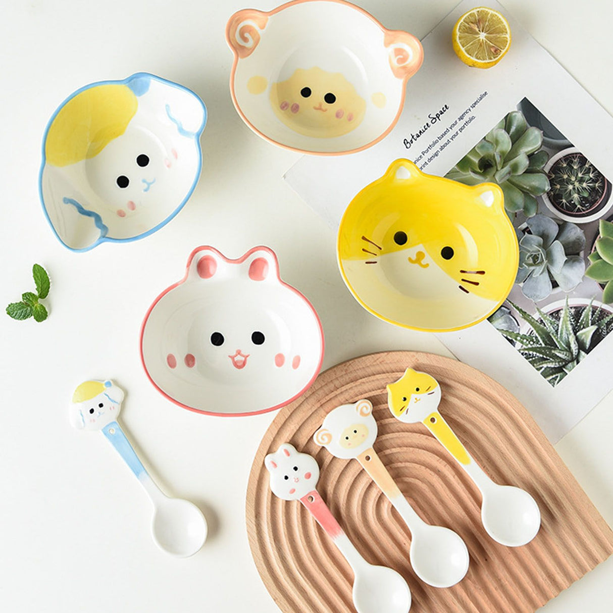 Kids Bowl Ceramic Cute Cartoon Animal Shape Rice Bowls Reusable Dinner Tableware for Serving Soup Cereal Pasta Ice Cream Cat