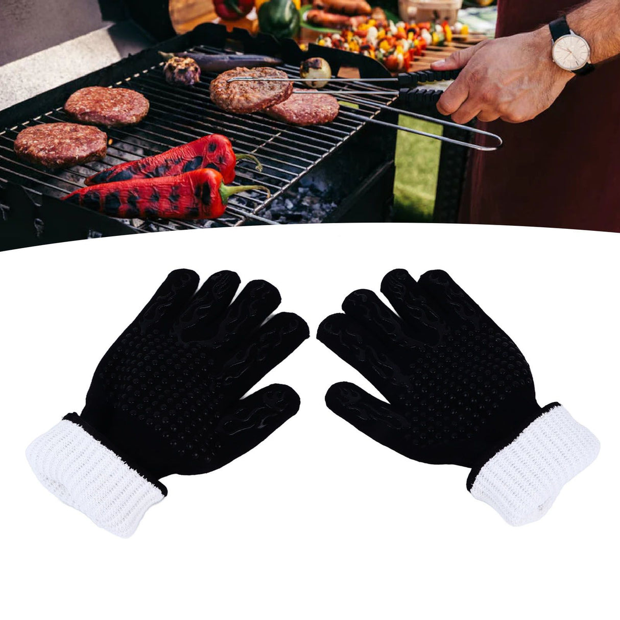 BBQ Gloves Fireproof Heat Resistant Prevent Slip Grilling Gloves for Microwave Oven Barbecue Baking Black