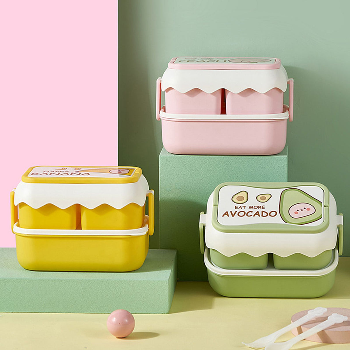 Cute Portable Students Lunch Box Microwaveable Children Cartoon Bento Box Independent Compartment Lunch Container Yellow