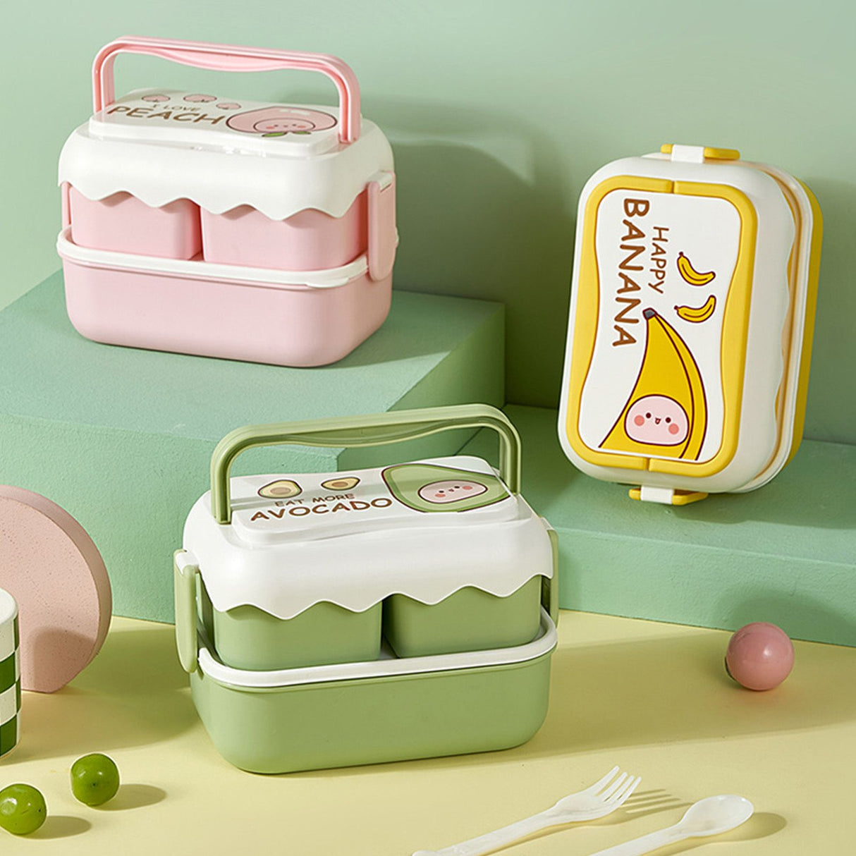 Cute Portable Students Lunch Box Microwaveable Children Cartoon Bento Box Independent Compartment Lunch Container Yellow