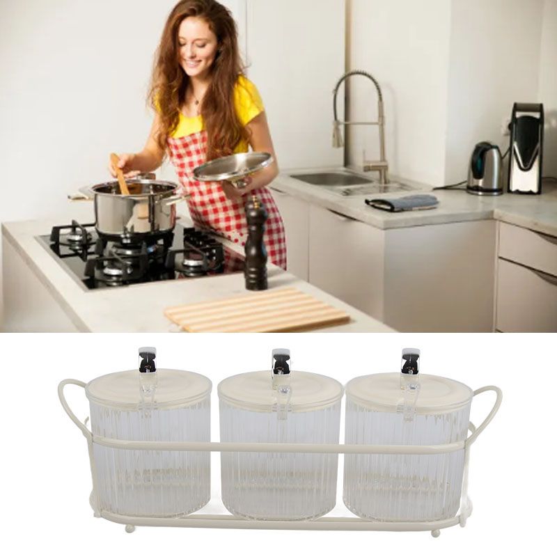 Spice Box Set Nordic Style Visual Innovative Household Movable Kitchen Spice Pot with Iron Rack and Spoon 3PCS Set