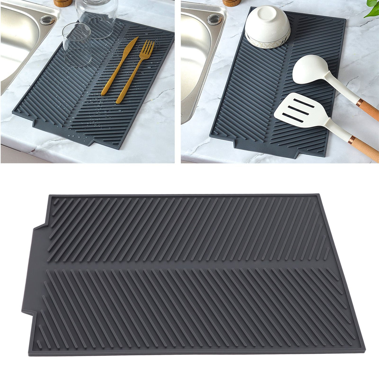Silicone Dish Drying Mat Anti Slip Shock Proof Easy To Clean Kitchen Counter Drying Mat for Dish Bowl Fork L 43x33.5cm