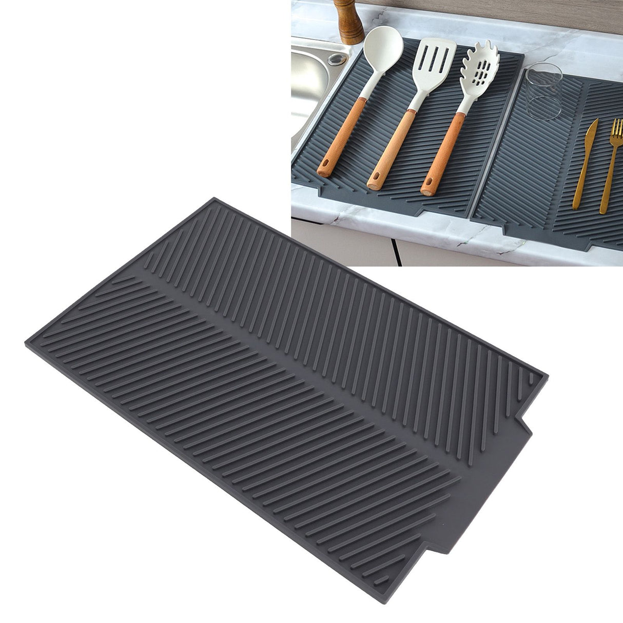 Silicone Dish Drying Mat Anti Slip Shock Proof Easy To Clean Kitchen Counter Drying Mat for Dish Bowl Fork S 39x25cm
