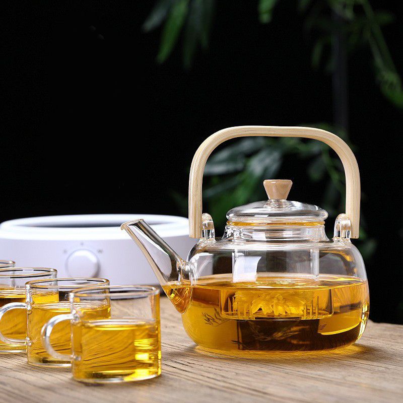 Household Teapot 1000ml Large Capacity Multifunctional Borosilicate Teapot with Bamboo Handle