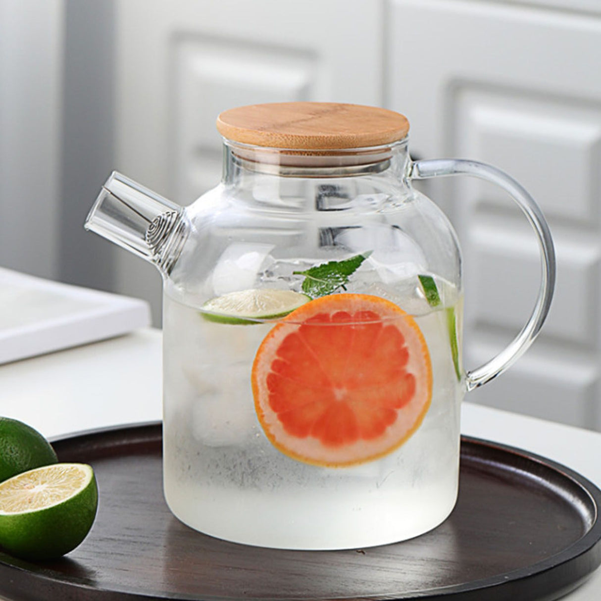 Water Pitcher 1800ml Glass Fridge Jug with Filter Whisk Wood Lid Heat Resistant Beverage Serveware for Drinks Tea Coffee