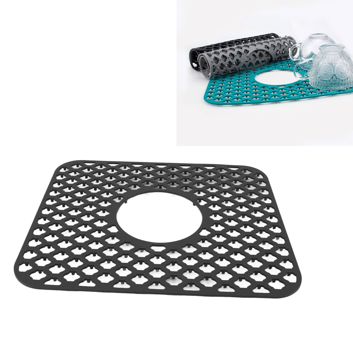 Sink Protector for Kitchen Silicone Non Slip Heat Resistant Mat for Bottom of Center Drain Sink Farmhouse Stainless Steel Porcelain Sink Black