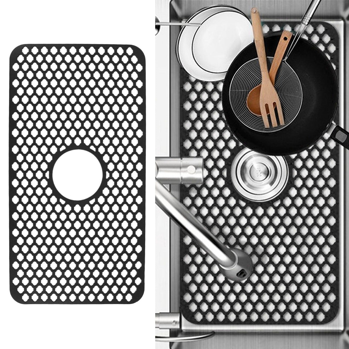 Hollow Insulated Kitchen Sink Mat Non Slip Multi Functional Large Size Silicone Sink Mat Protector Black