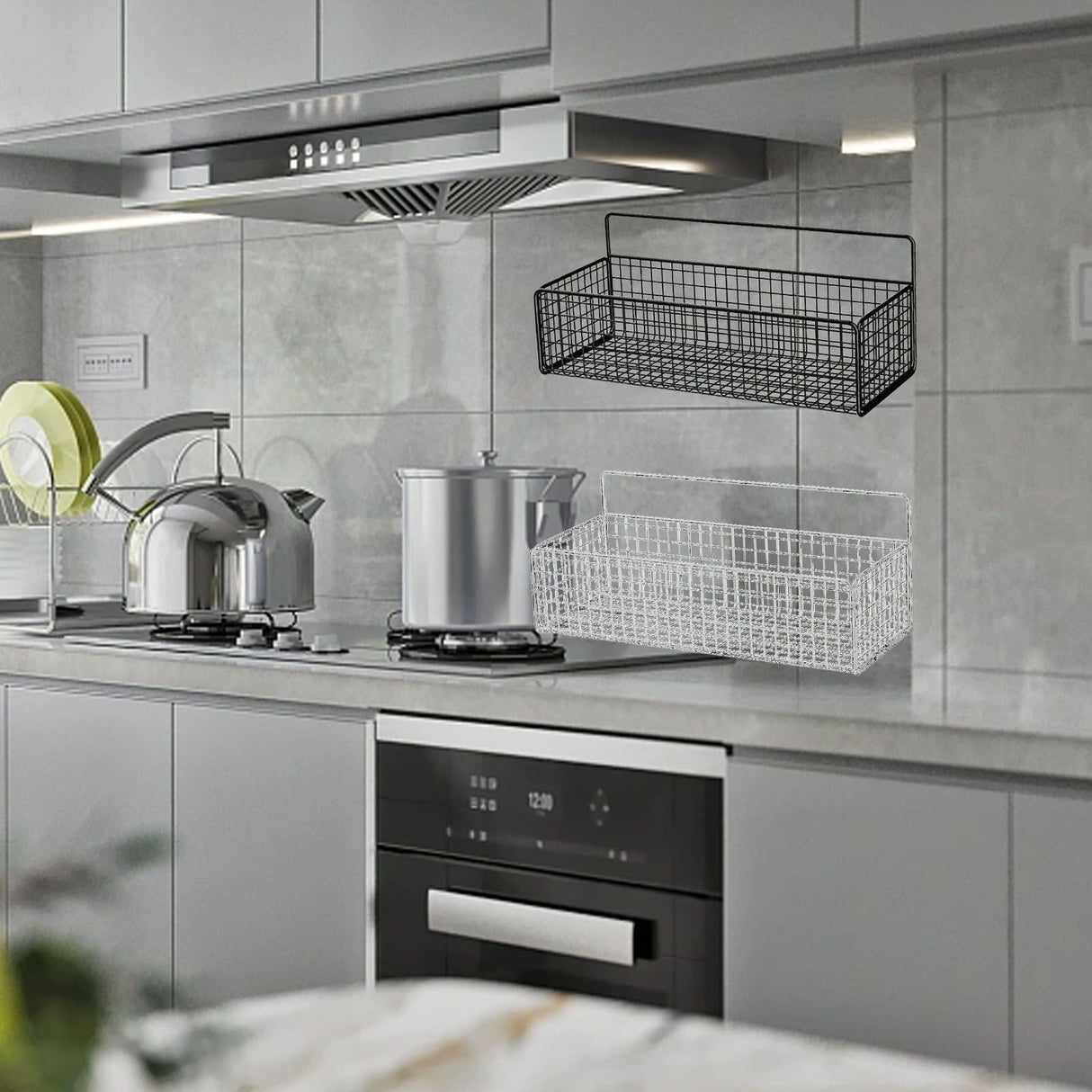 Kitchen Hanging Storage Rack Wall Mounted Storage Basket Punch Free Hanging Wall Organizer Baskets for Dormitory Bedroom White