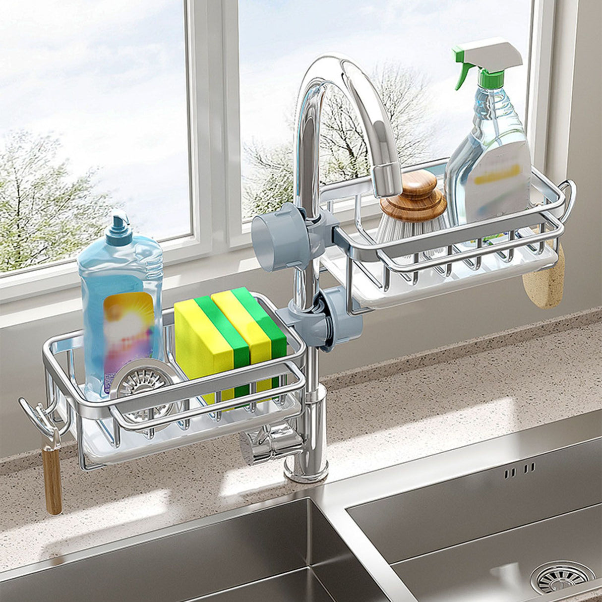 Kitchen Faucet Organizer Multifunctional Rustproof Sponge Dish Soap Brush Sink Caddy Holder with Drip Tray Silver