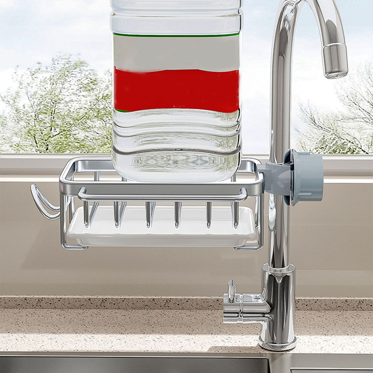 Kitchen Faucet Organizer Multifunctional Rustproof Sponge Dish Soap Brush Sink Caddy Holder with Drip Tray Silver