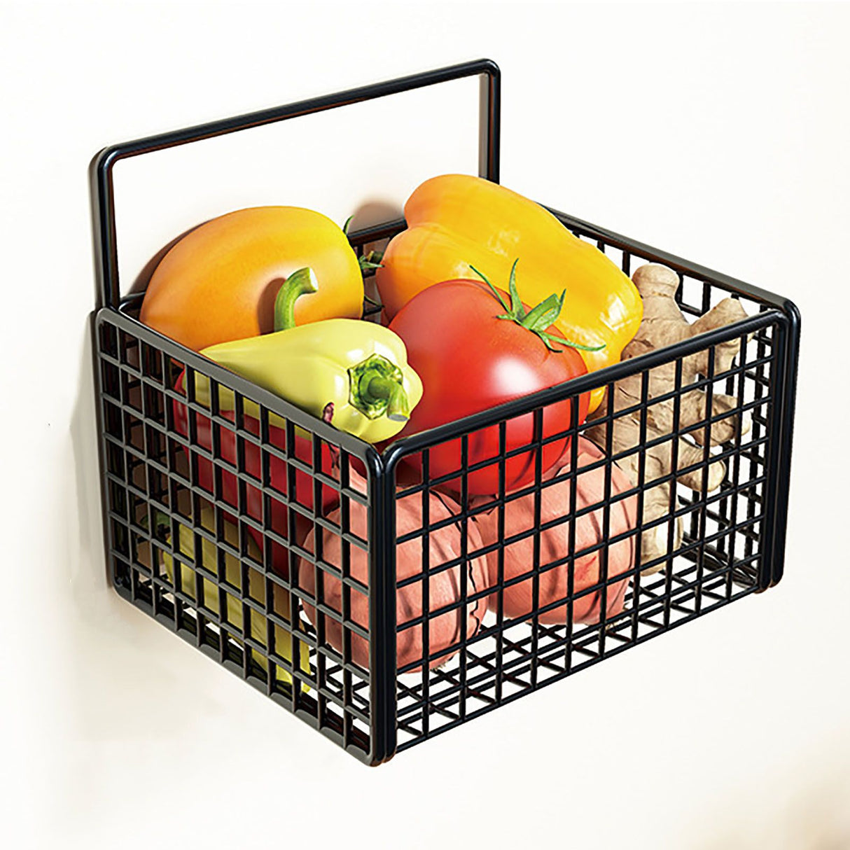 Wall Mounted Storage Basket No Drilling Adhesive Metal Wire Hanging Basket for Kitchen Food Pantry Bathroom Organization Black