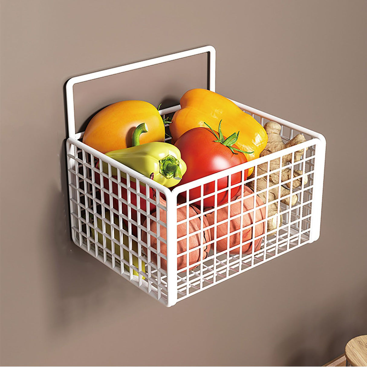 Wall Mounted Storage Basket No Drilling Adhesive Metal Wire Hanging Basket for Kitchen Food Pantry Bathroom Organization White