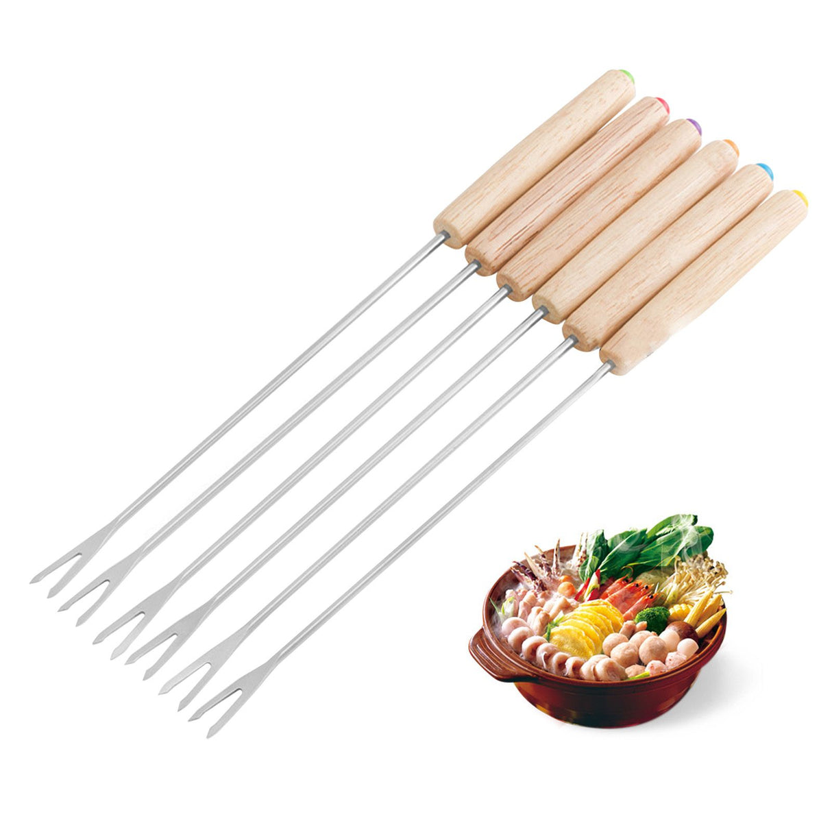 6pcs Stainless Steel Fondue Forks Cheese Fondue Sticks Smore Sticks with Wooden Handle Heat Resistant for Chocolate Cheese