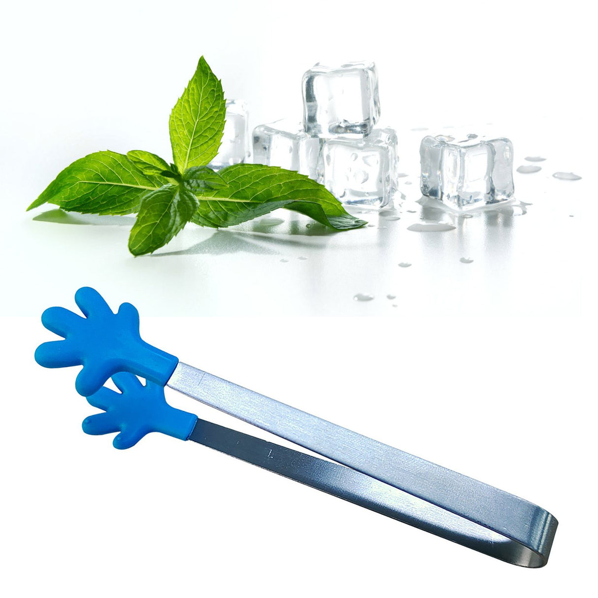 Hand Shape Small Tongs Silicone Tips Blue Stainless Steel Funny Heat Resistant Easy Clean Food Tongs for Ice Fruits