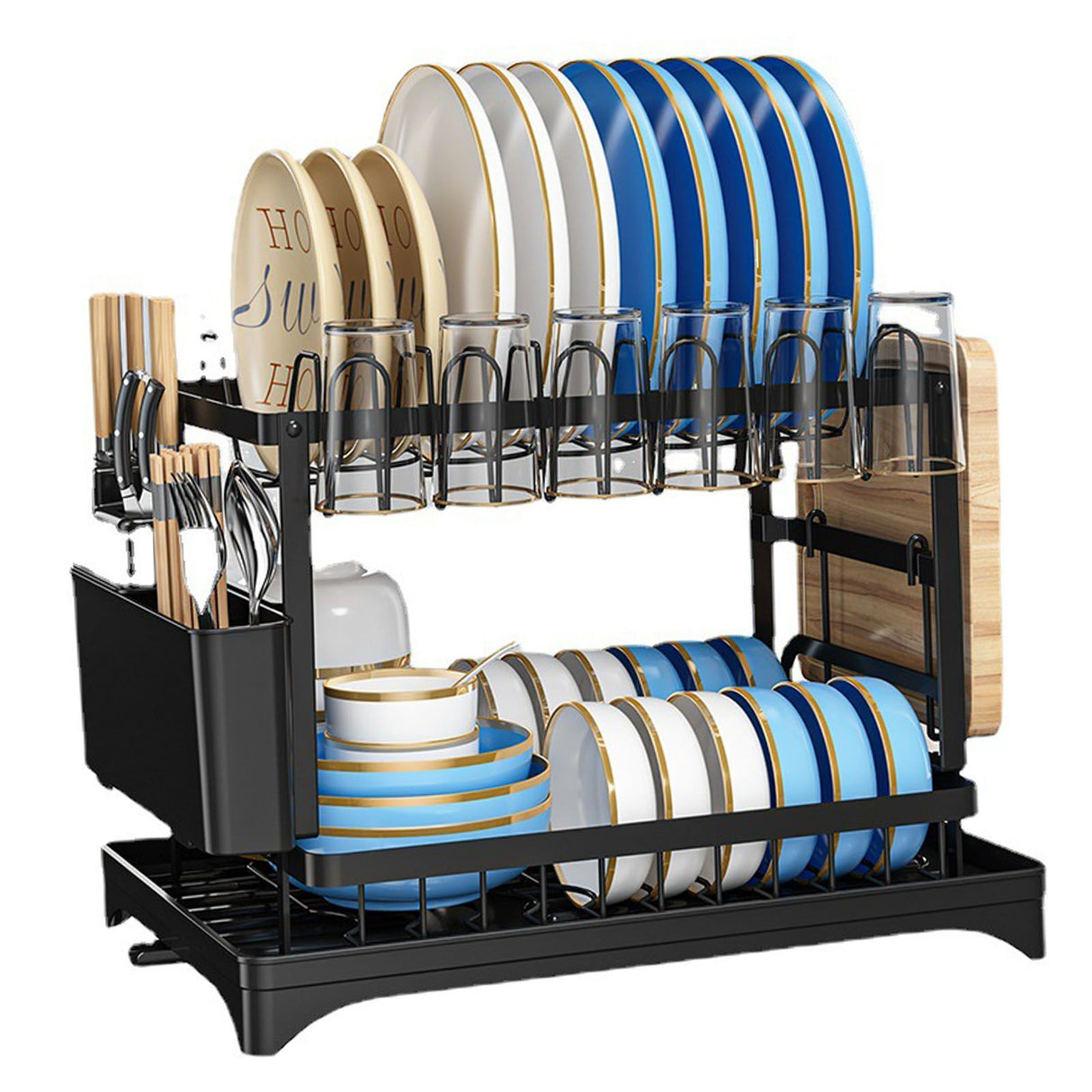 Dish Drying Rack for Countertop Aluminum 2 Tier Dish Rack with Drainboard and Utensil Holder for Kitchen Organization Black