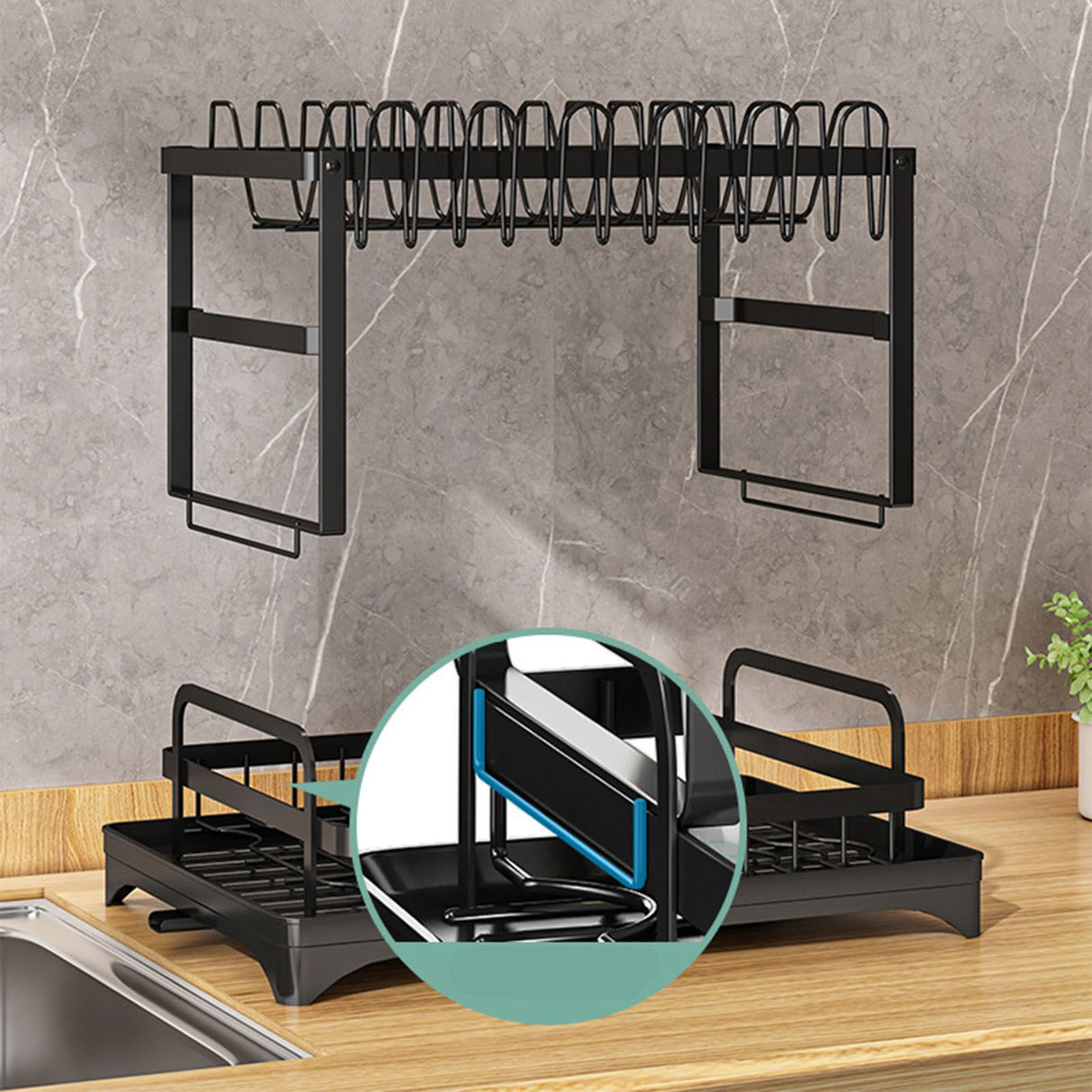 Dish Drying Rack for Countertop Aluminum 2 Tier Dish Rack with Drainboard and Utensil Holder for Kitchen Organization Black