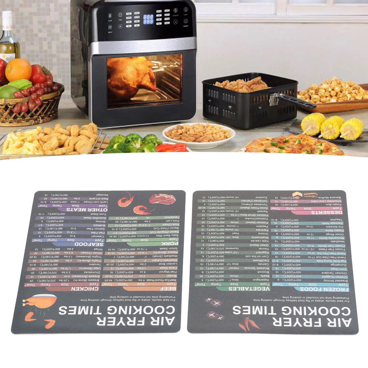 2PCS Fryer Cheat Sheet Magnetic Cooking Times Chart Easy to Read Reference Guide Water Oil Resistant Fryer Accessory for Kitchen