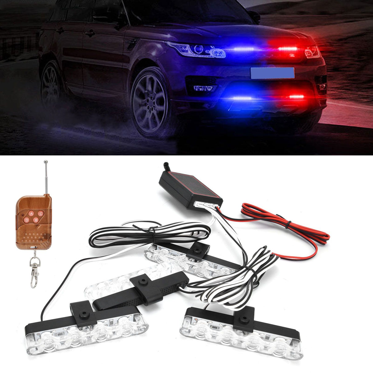 LED Red Blue Emergency Strobe Light 4x4LED Sync Flash Warning Lights 12V with Remote Control