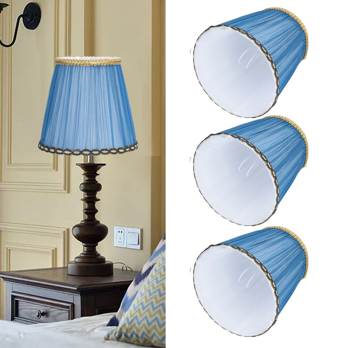 3PCS Cloth Lamp Shade E14 ClipOn Lampshade for Candle Chandelier Wall Lamp Table Light Indoor Decor(Dark Blue )
