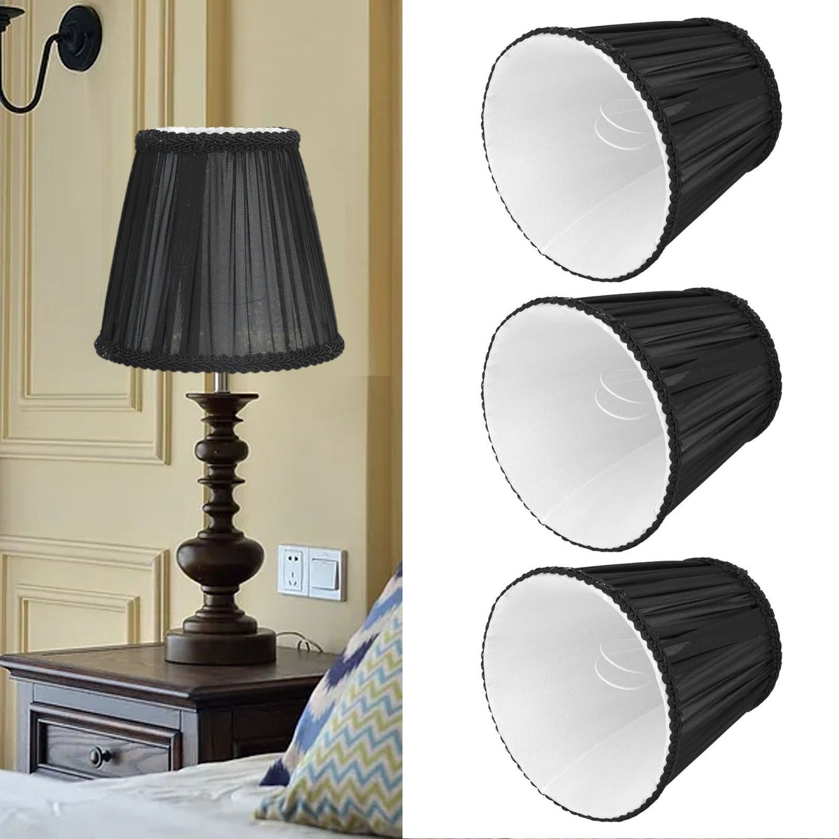 3PCS E14 ClipOn Cloth Lamp Shade Modern Fabric Lampshade Table Light Cover for Candle Chandelier(Black )