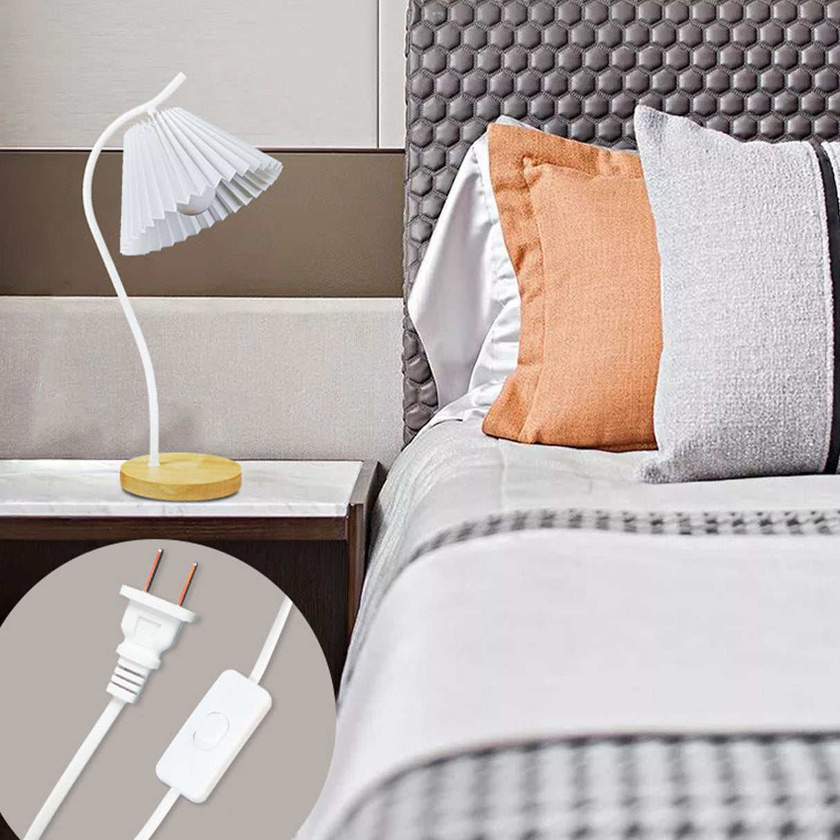 Table Lamp with Cloth Pleated Lampshade Metal Modern Nightstand Bedside Lamp for Bedroom Living Room White