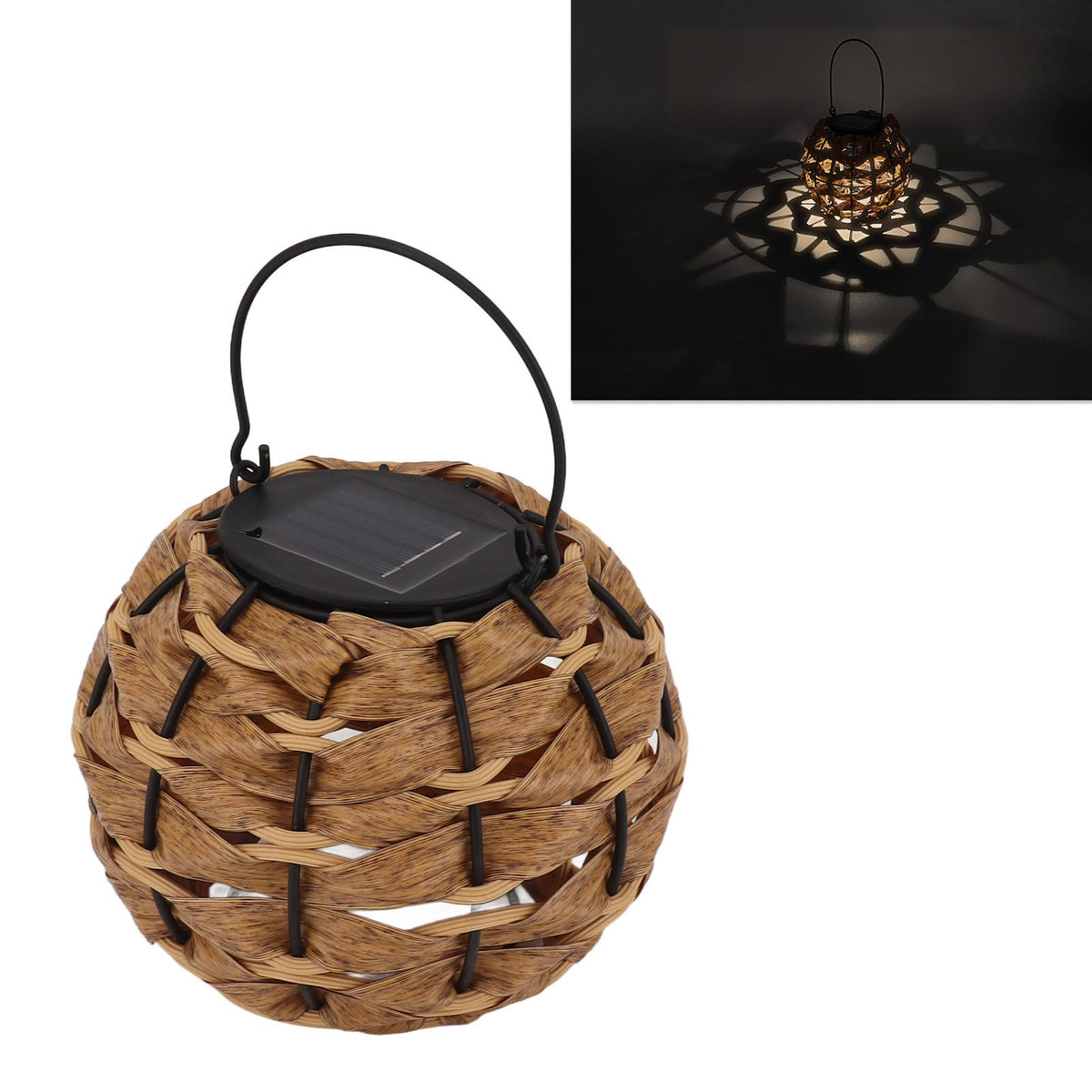 Outdoor Solar Lantern LED Waterproof Hollowed Rattan Ball Solar Hanging Light with Handle for Christmas Decorations Garden Yard Porch Lawn