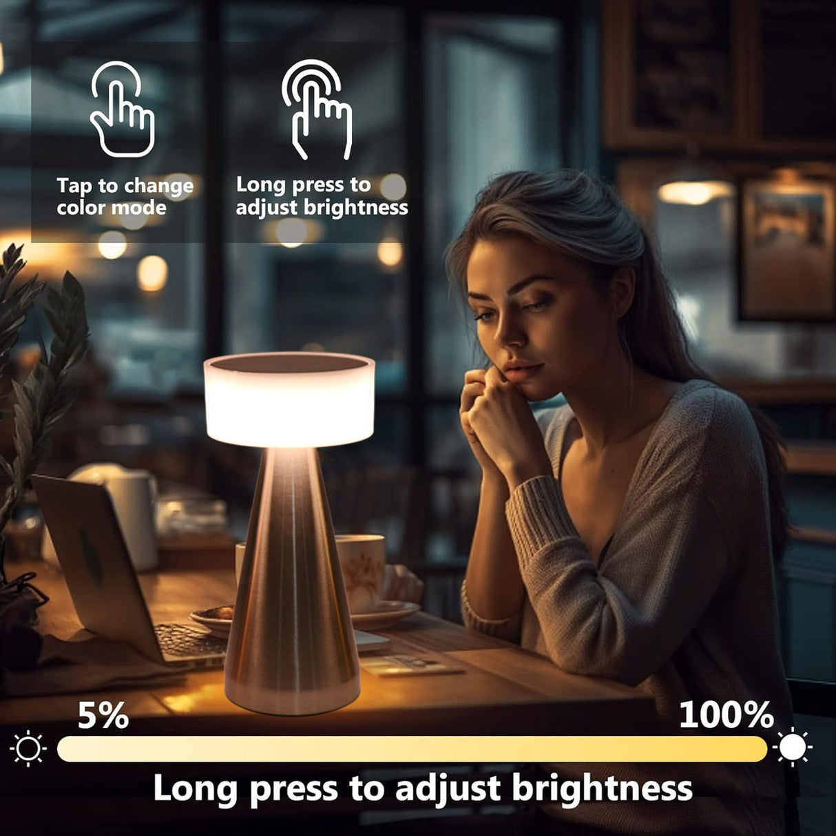Portable LED Table Lamp 3 Color Temperatures Stepless Dimming 1800mAh Rechargeable Battery Nightstand Lamp Bedside Lamp Silver