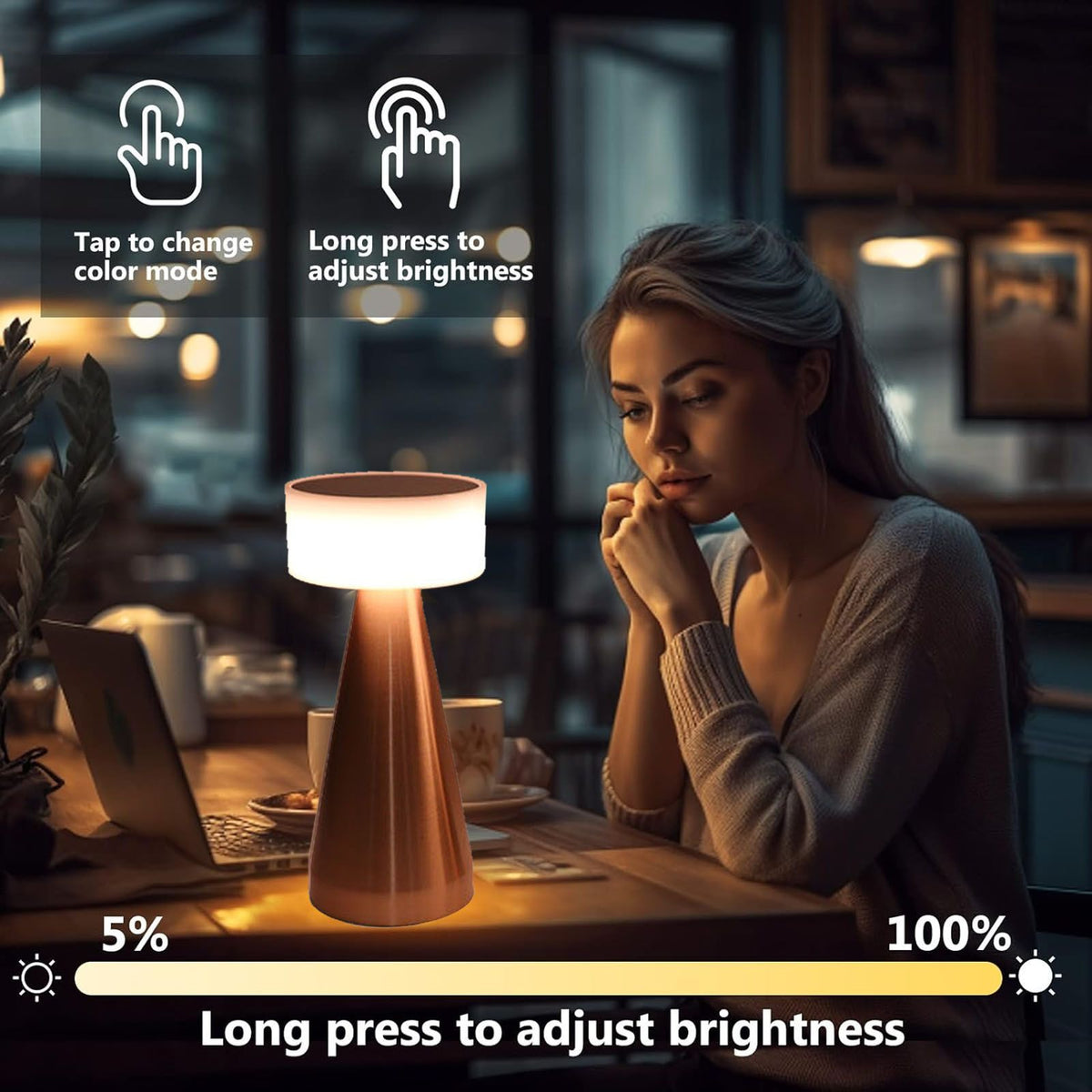Portable LED Table Lamp 3 Color Temperatures Stepless Dimming 1800mAh Rechargeable Battery Nightstand Lamp Bedside Lamp Rose Gold