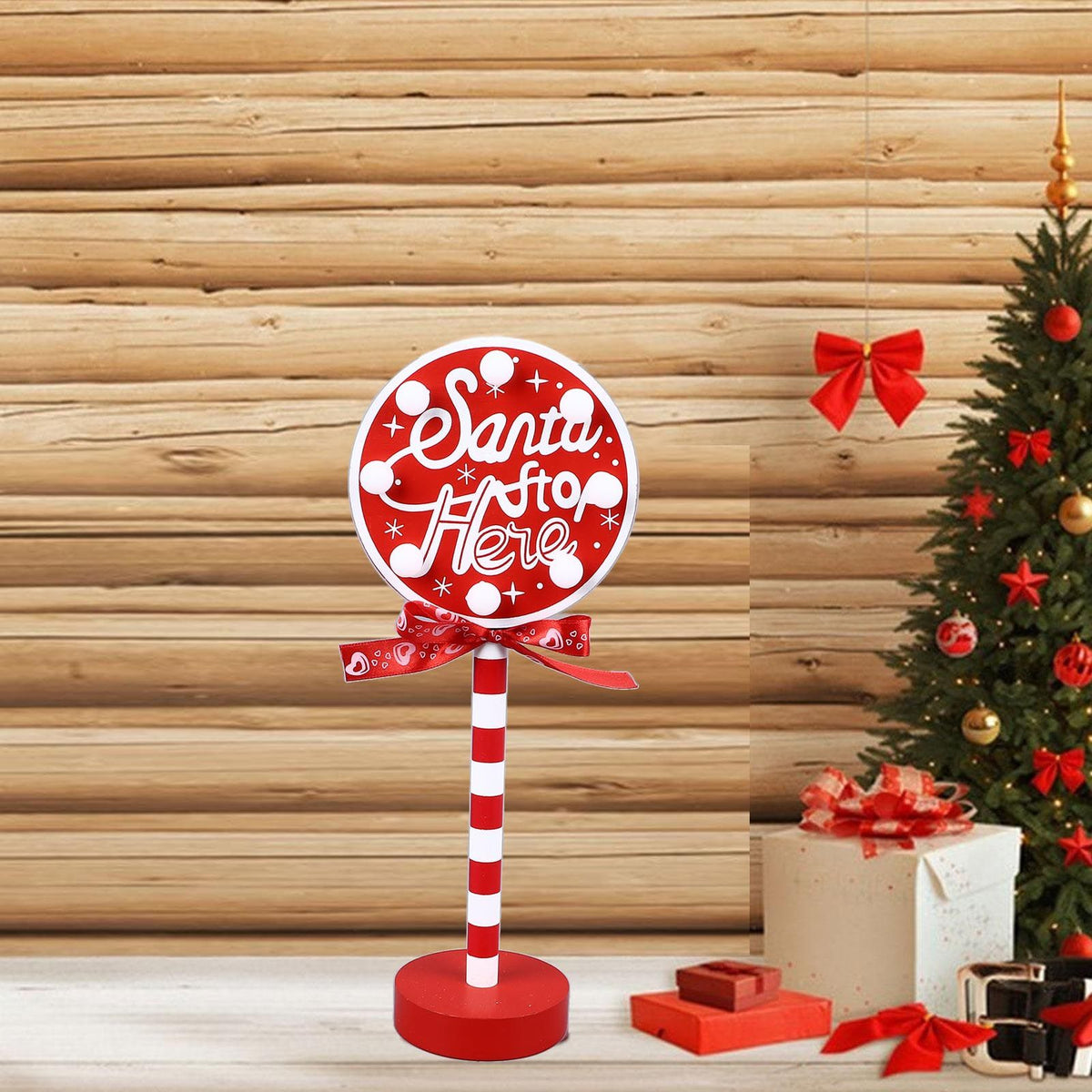 Christmas Stop Here Decor Metal Solid Wood LED Delicate Santa Stop Here Tree Topper for Christmas Party Round 12x8x30.5cm