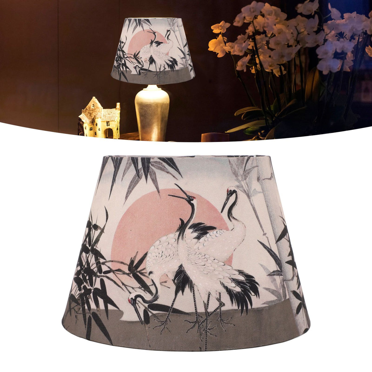 Chinese Style Lamp Shade Cloth E27 E14 Red Crowned Crane Decorative Drum Lamp Shade for Table Floor Lamp Hanging Light