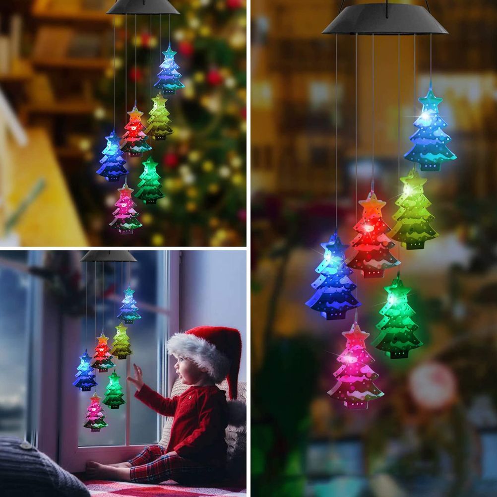 Christmas Solar Wind Chime Light Outdoor Solar Powered Waterproof LED Wind Chime Color Changing Light for Patio Garden Home