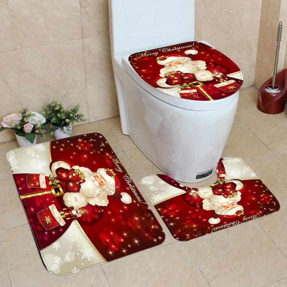 3Pcs Christmas Mat Sets Santa Claus Non Slip Mat Bathroom Doormat Toilet Seat Cover U Shaped Toilet Floor Mat