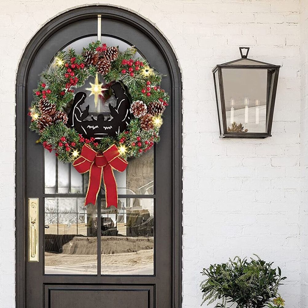 Christmas Wreath with Jesus Red Berry Pine Cone Nativity Scene LED Lights String Wreath Mixed Holiday Decorations