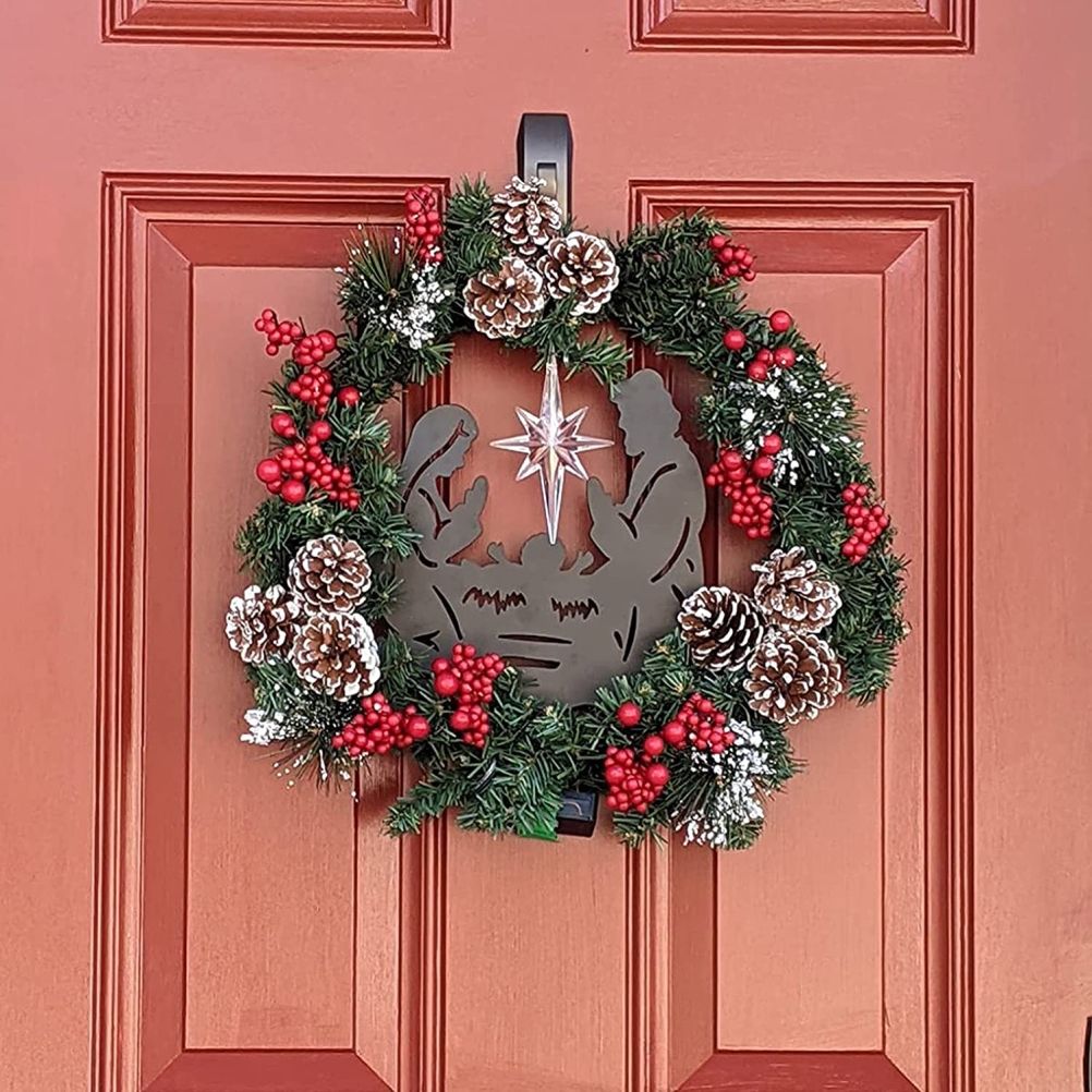 Christmas Wreath with Jesus Red Berry Pine Cone Nativity Scene LED Lights String Wreath Mixed Holiday Decorations