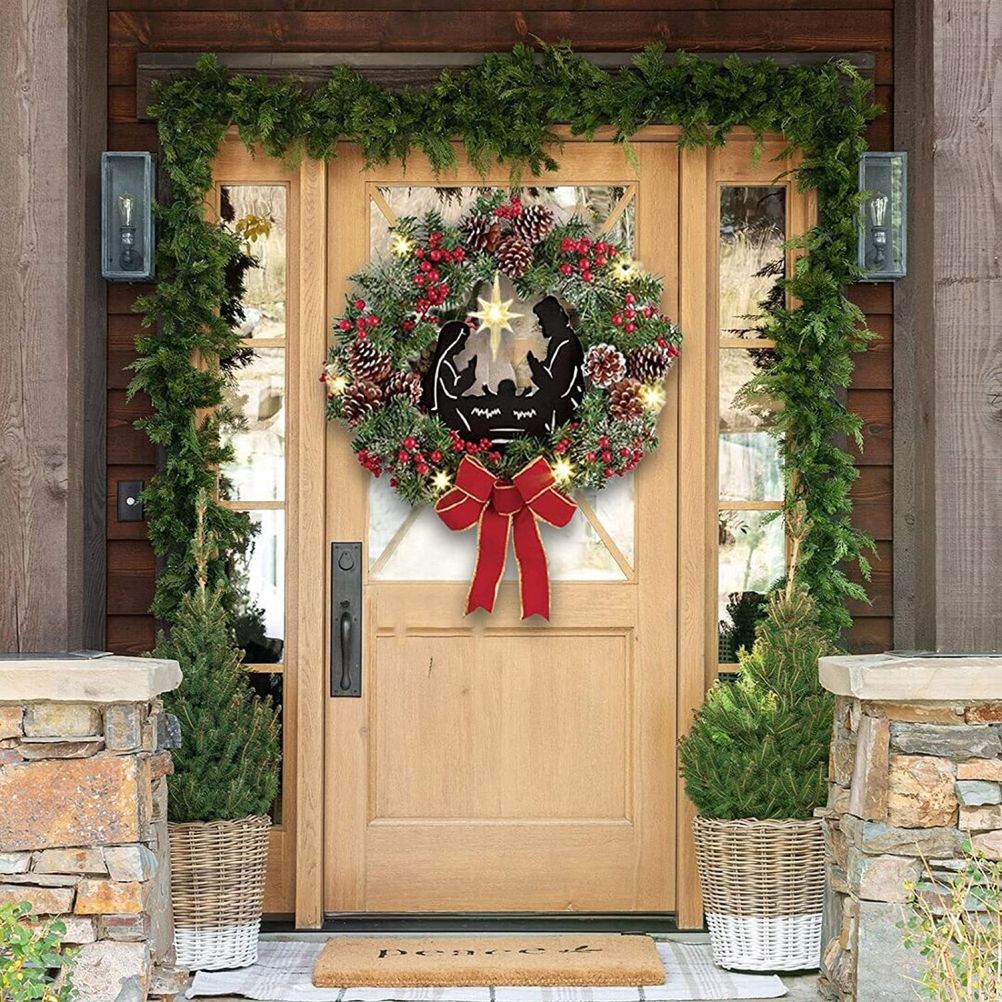 Christmas Wreath with Jesus Red Berry Pine Cone Nativity Scene LED Lights String Wreath Mixed Holiday Decorations