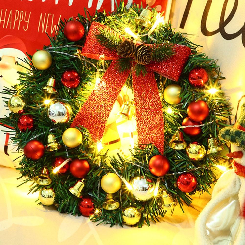 Xmas Wreath with 20 LED Lights and Bells Christmas Garland Light String Branch Lights for Living Room Fireplace and Windows
