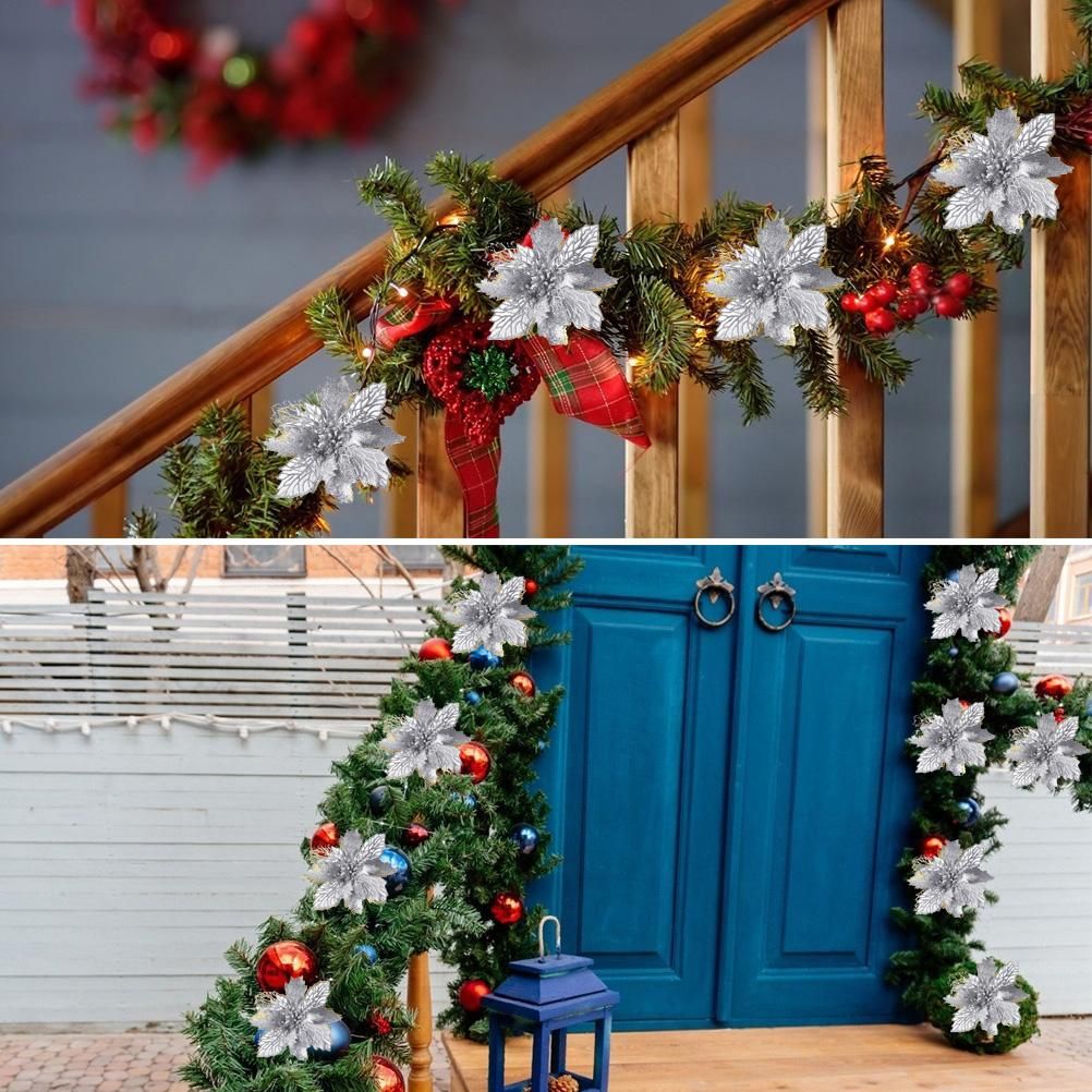 10PCS Christmas Glitter Poinsettia Flowers Christmas Decoration Reusable Artificial Flowers