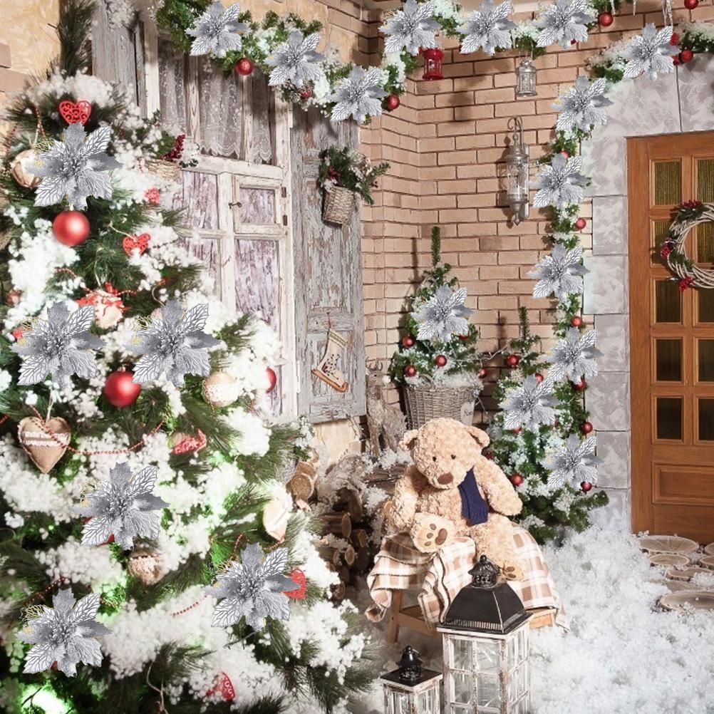 10PCS Christmas Glitter Poinsettia Flowers Christmas Decoration Reusable Artificial Flowers