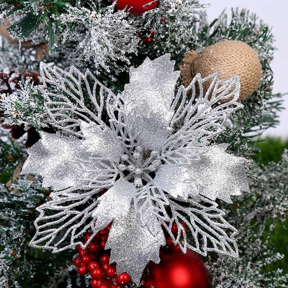 10PCS Christmas Glitter Poinsettia Flowers Christmas Decoration Reusable Artificial Flowers