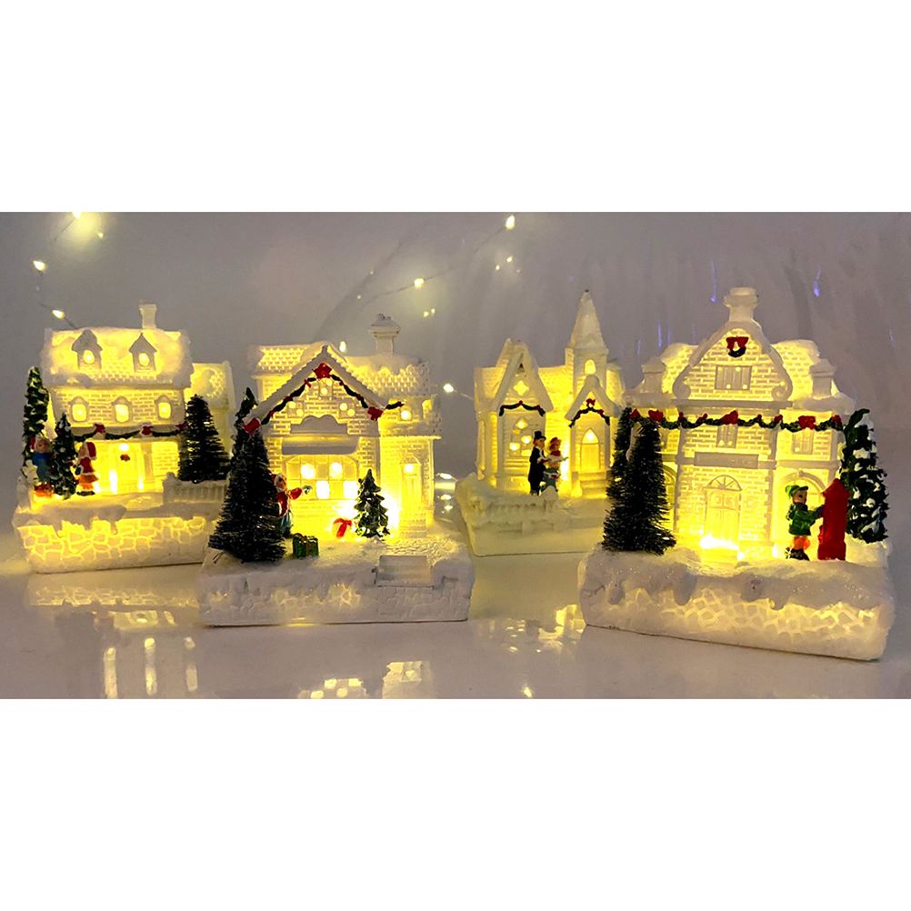 Christmas Village Ornament LED Lighted Christmas Village Houses with Figurines Christmas Village Decoration Indoor Room Decor