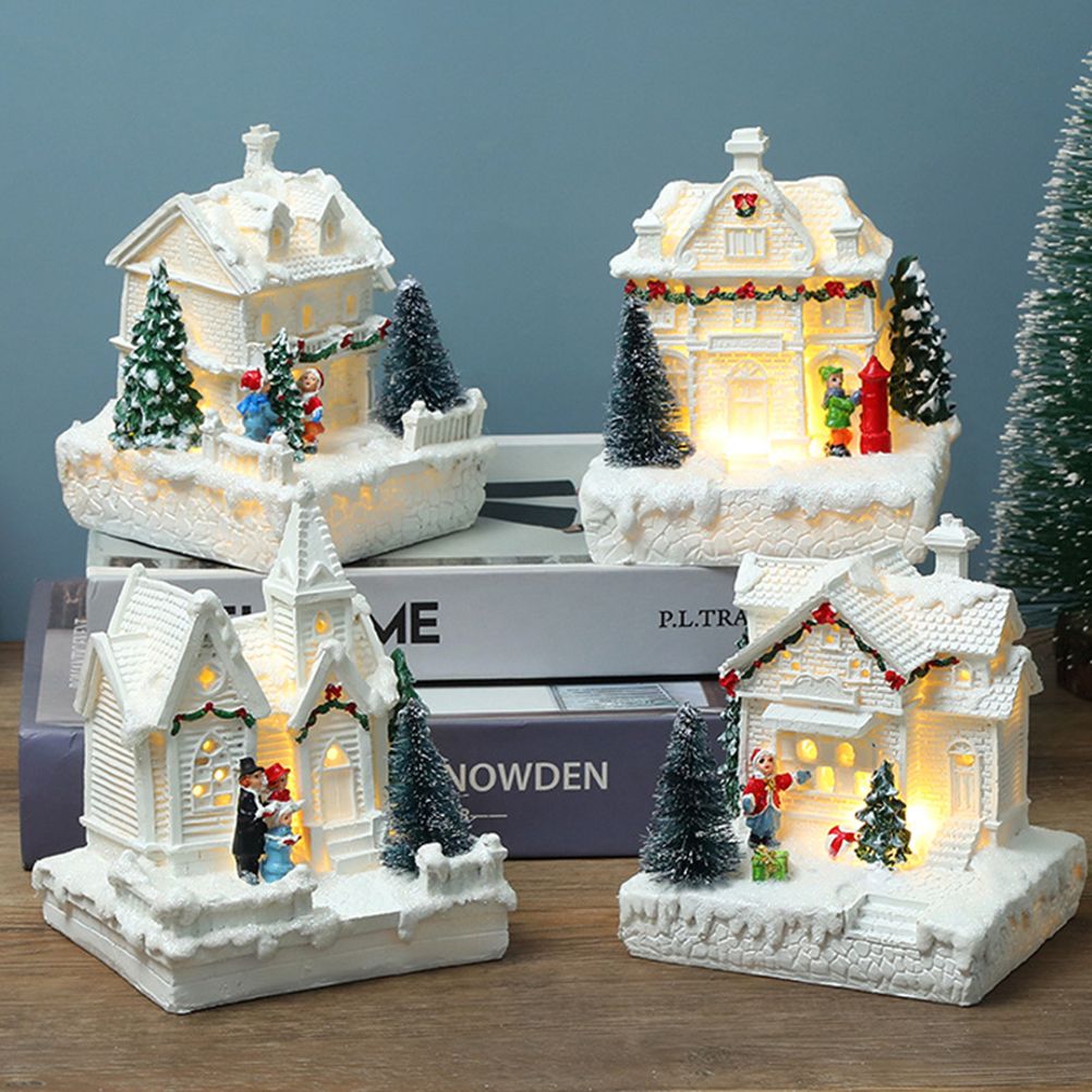 Christmas Village Ornament LED Lighted Christmas Village Houses with Figurines Christmas Village Decoration Indoor Room Decor